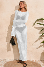 Fisoew Women's White Crochet  Long Sleeve Sexy Swimsuit Maxi Dress - Fisoew