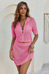 Fisoew Women's Pink Knit Short Sleeve Crop Top 2-Piece Sets - Fisoew