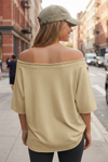Fisoew Women's Khaki Off The Shoulder Tops Oversized  T-Shirts - Fisoew