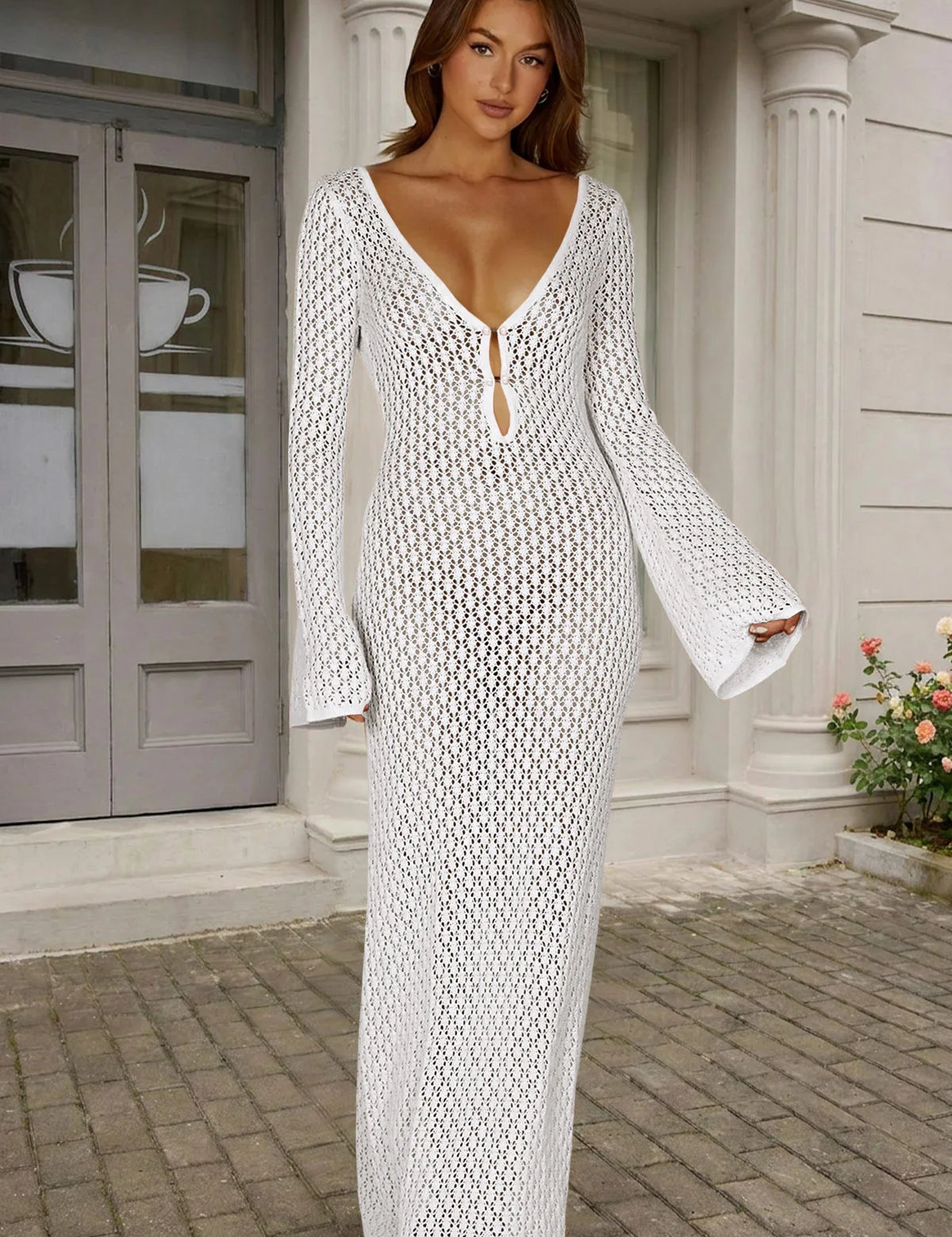 Fisoew Women's White Long Sleeve Sexy Bodycon Summer Knit Dresses - Fisoew