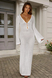 Fisoew Women's White Long Sleeve Sexy Bodycon Summer Knit Dresses - Fisoew