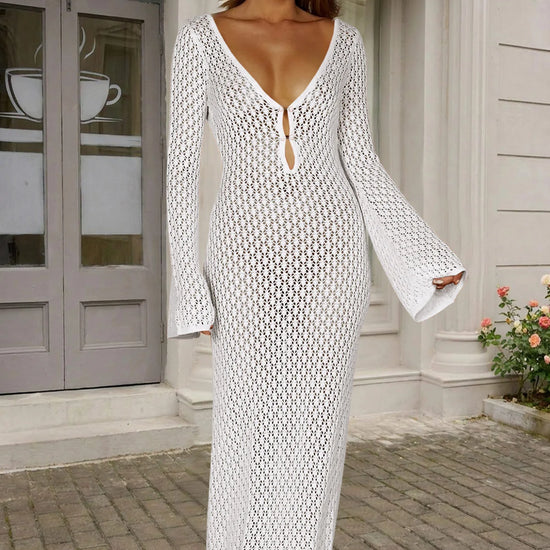Fisoew Women's White Long Sleeve Sexy Bodycon Summer Knit Dresses - Fisoew