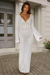 Fisoew Women's White Long Sleeve Sexy Bodycon Summer Knit Dresses - Fisoew
