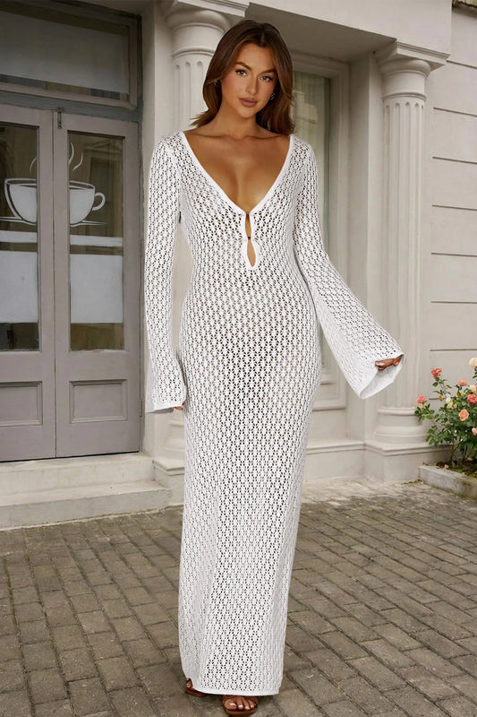Fisoew Women's White Long Sleeve Sexy Bodycon Summer Knit Dresses - Fisoew