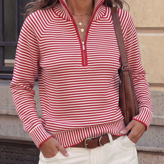 Striped Half-Zip Knit Crop Pullovers - Fisoew