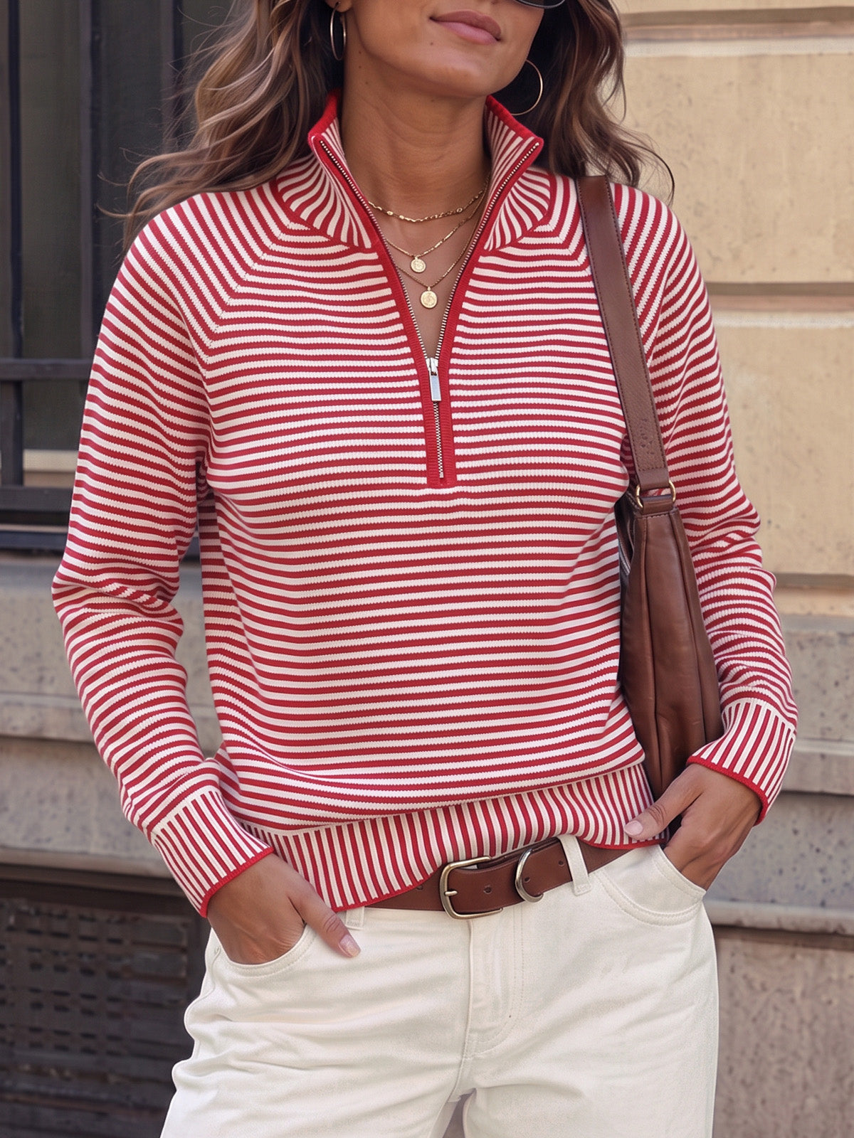 Striped Half-Zip Knit Crop Pullovers - Fisoew