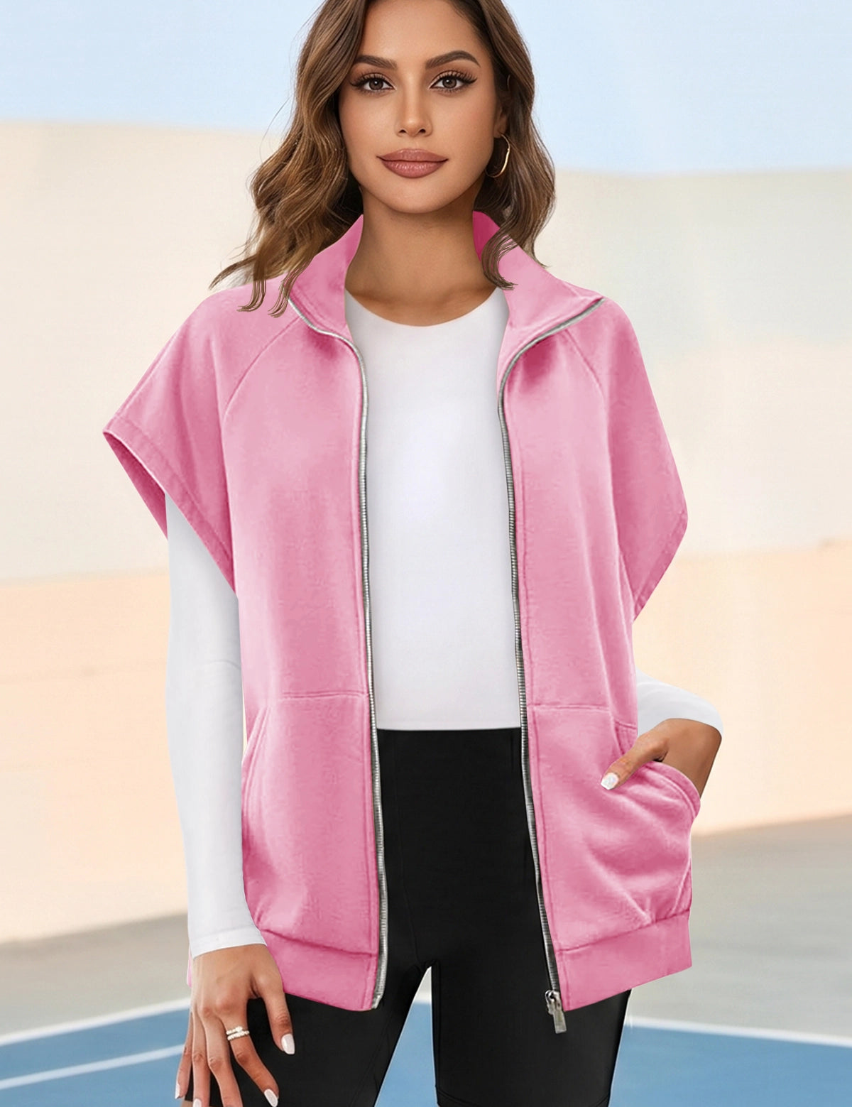 Fisoew Women's Pink Zip Up Sleeveless Sweatshirts - Fisoew