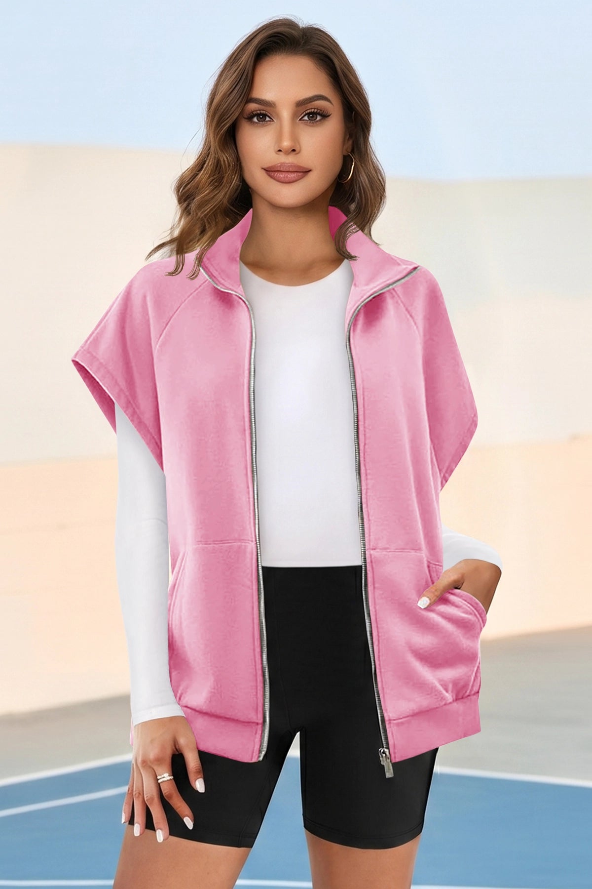 Fisoew Women's Pink Zip Up Sleeveless Sweatshirts - Fisoew