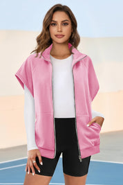 Fisoew Women's Pink Zip Up Sleeveless Sweatshirts - Fisoew