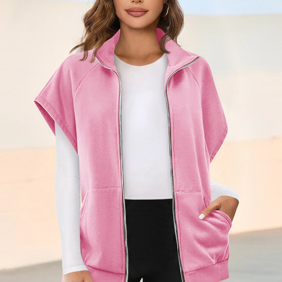 Fisoew Women's Pink Zip Up Sleeveless Sweatshirts - Fisoew