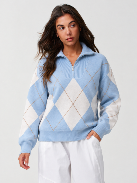 Quarter Zip Fall Argyle Knit Pullovers