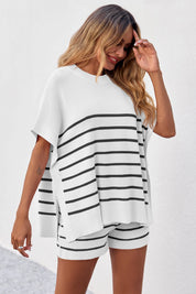 Fisoew Women's White Striped Oversized Lounge Short Sets - Fisoew