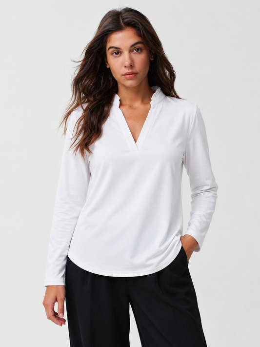 Ruffle V Neck Long Sleeve Shirts