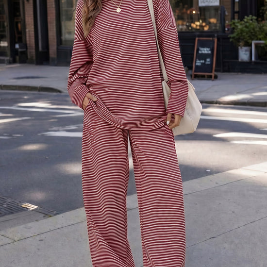 Striped Long Sleeve Top With Wide Leg Pants Set - Fisoew