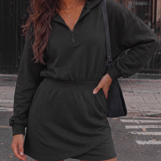 Hoodies Half Zip Elastic Waist Mini Dresses - Fisoew