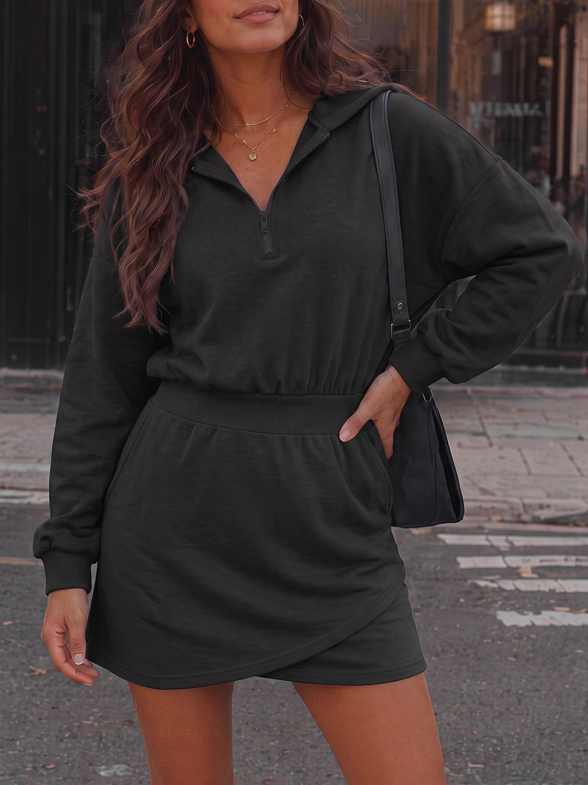 Hoodies Half Zip Elastic Waist Mini Dresses - Fisoew