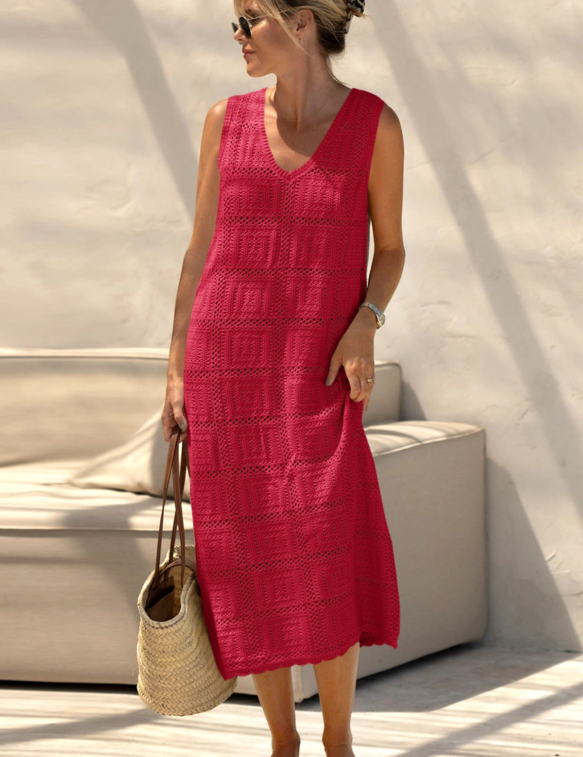 Fisoew Women's Red Boho Knit Sleeveless Dress - Fisoew