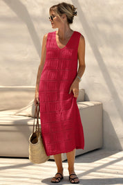 Fisoew Women's Red Boho Knit Sleeveless Dress - Fisoew