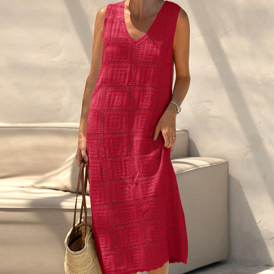 Fisoew Women's Red Boho Knit Sleeveless Dress - Fisoew