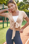 Fisoew Women's Light Khaki Y2k Wrap Tie Crop Shirts - Fisoew