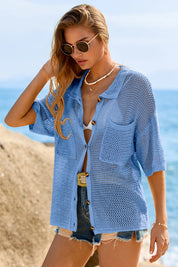 Fisoew Women's Blue Crochet Lightweight Cardigan Sweaters Cover Up Shirts