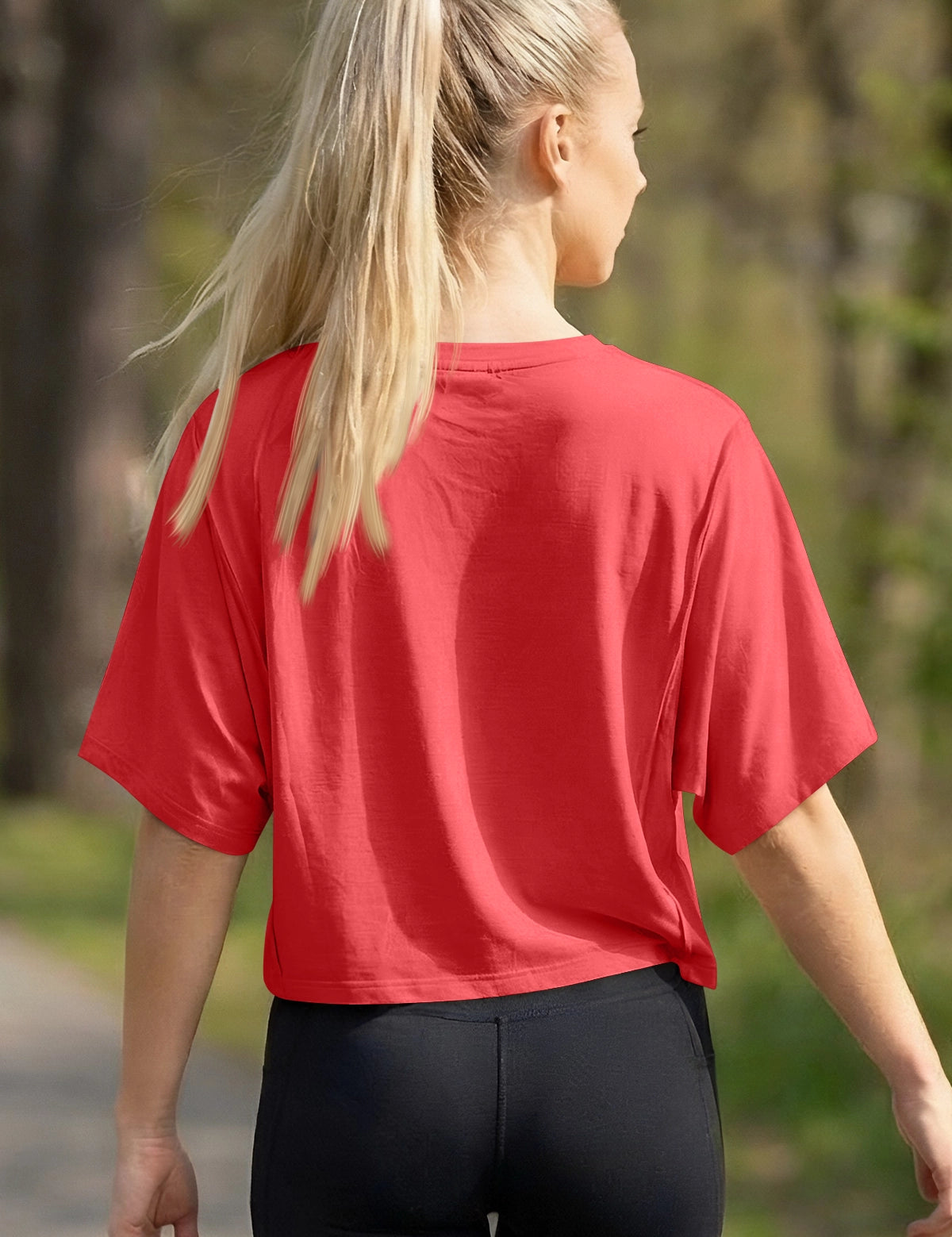 Fisoew Women's Red Oversized Crop Tops Summer T-Shirt - Fisoew