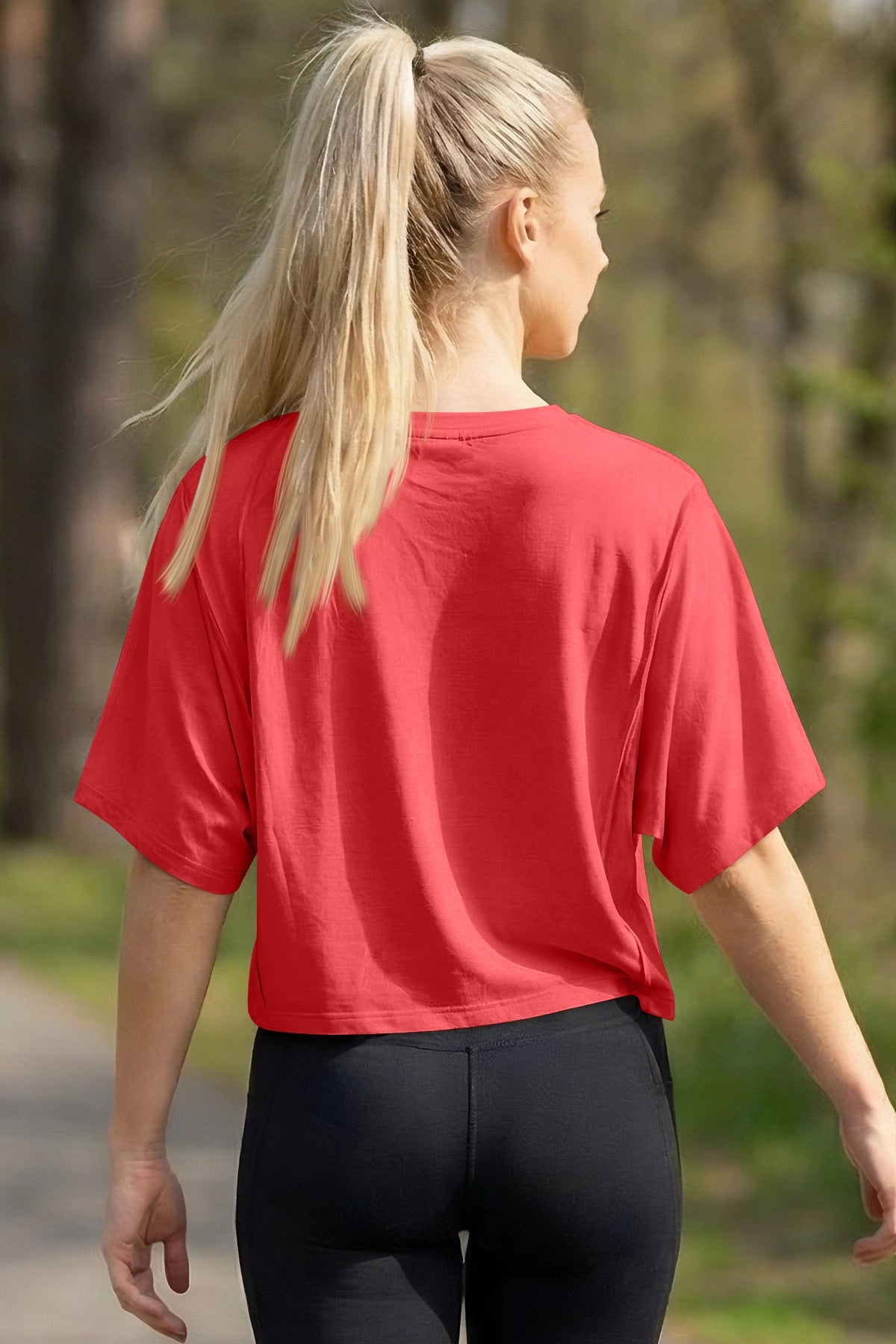Fisoew Women's Red Oversized Crop Tops Summer T-Shirt - Fisoew