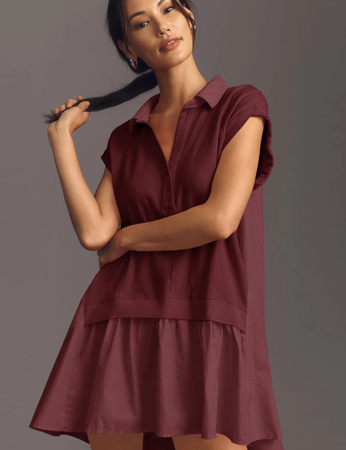 Fisoew Women's Burgundy Oversized Patchwork Mini Dress - Fisoew