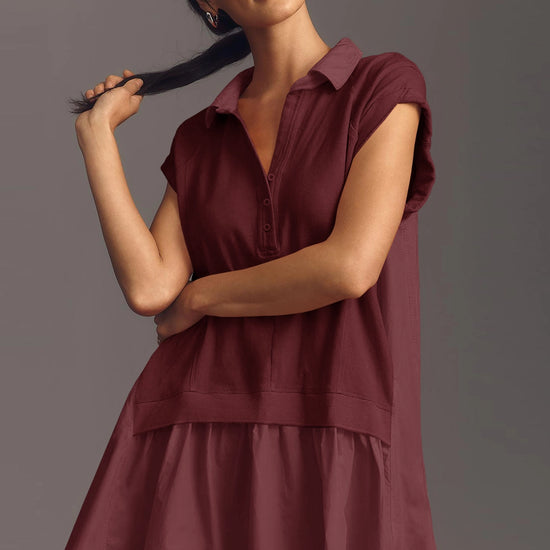 Fisoew Women's Burgundy Oversized Patchwork Mini Dress - Fisoew