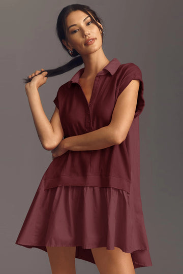 Fisoew Women's Burgundy Oversized Patchwork Mini Dress - Fisoew