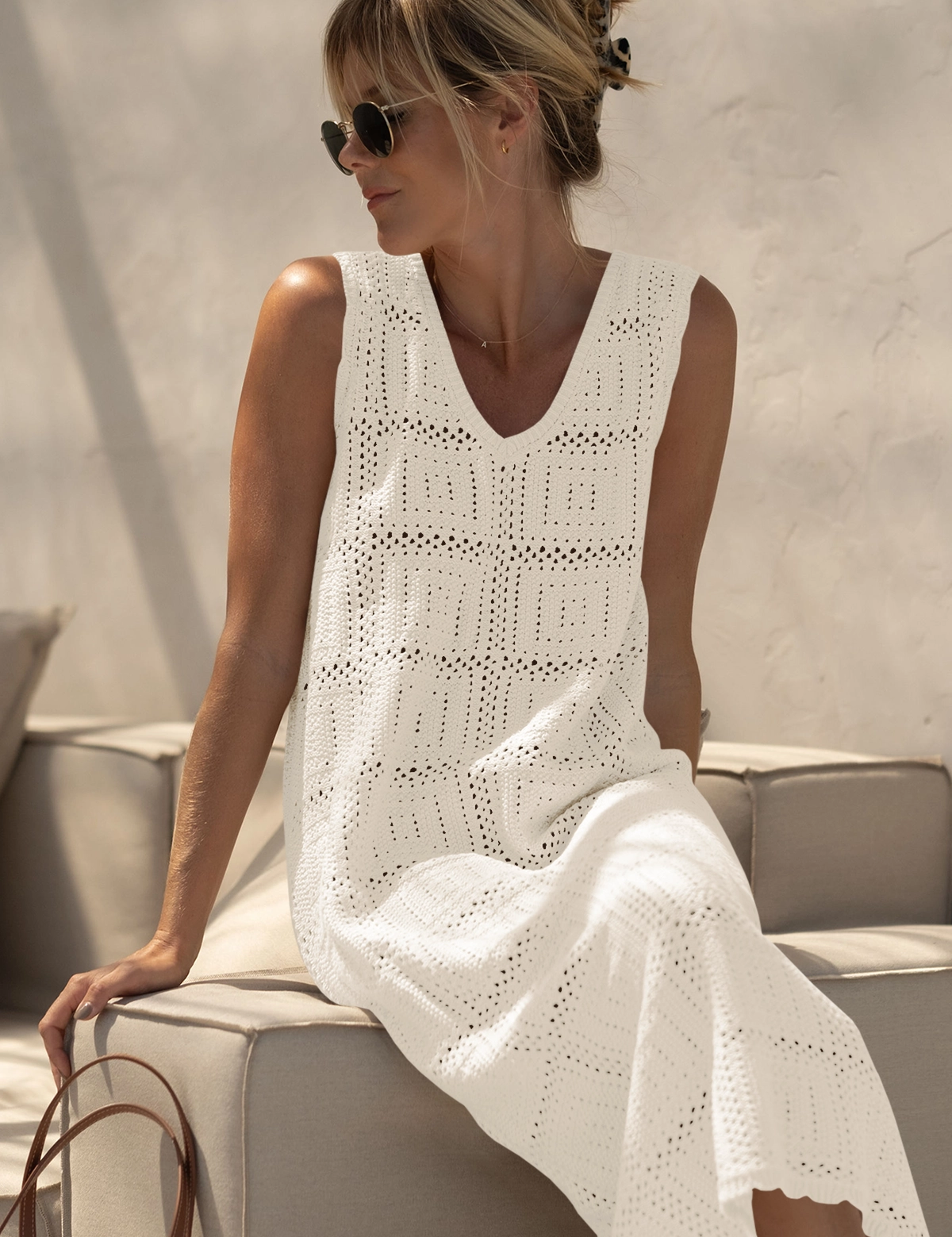 Fisoew Women's Beige Boho Knit Sleeveless Dress - Fisoew