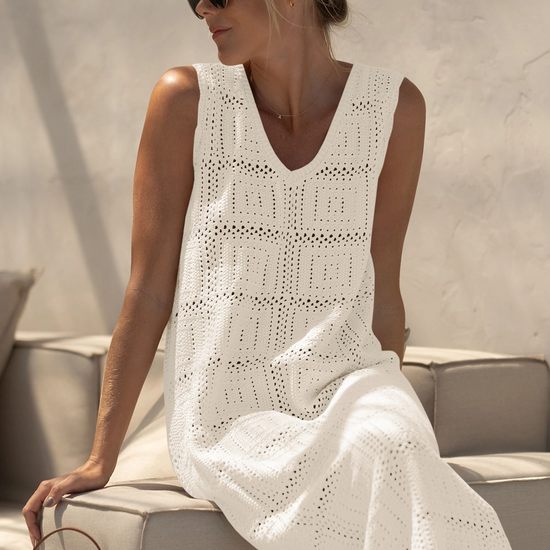 Fisoew Women's Beige Boho Knit Sleeveless Dress - Fisoew