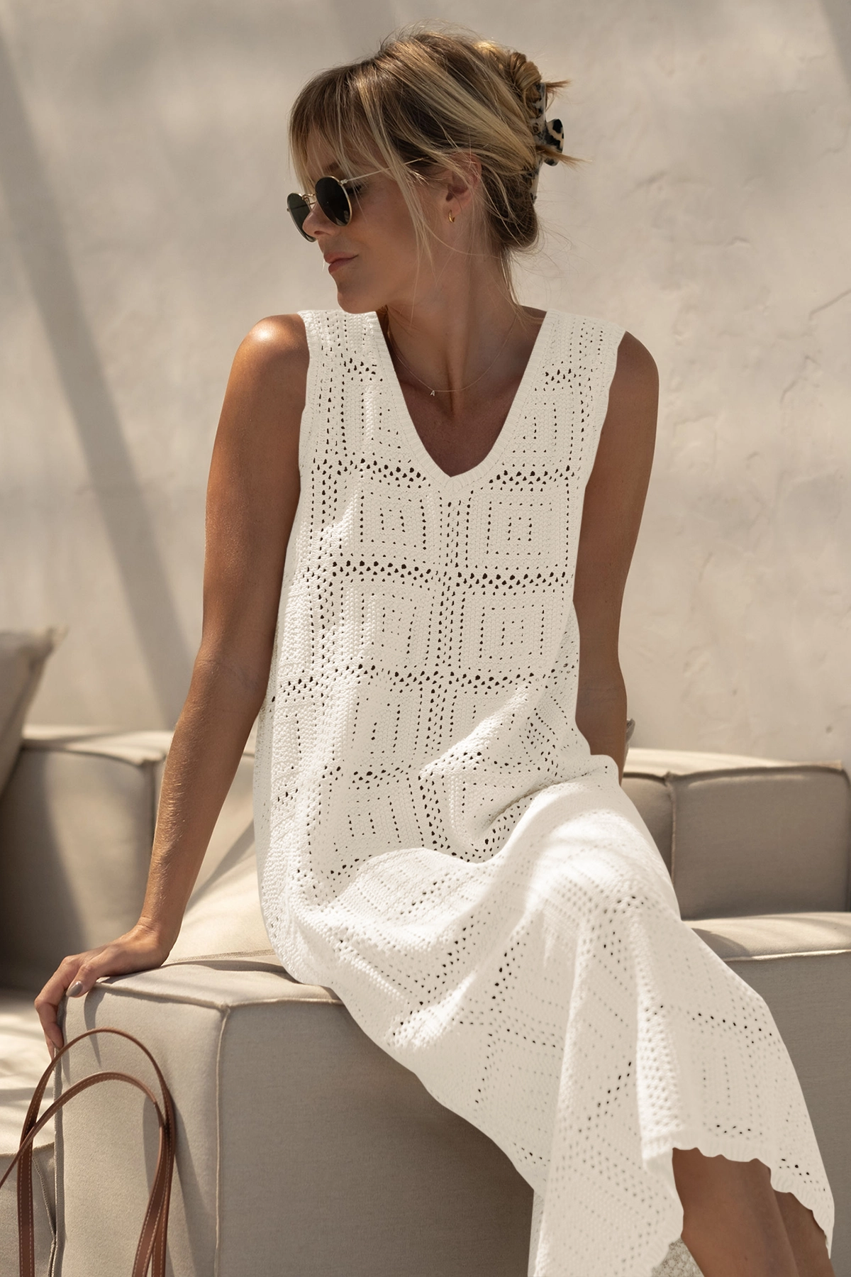 Fisoew Women's Beige Boho Knit Sleeveless Dress - Fisoew