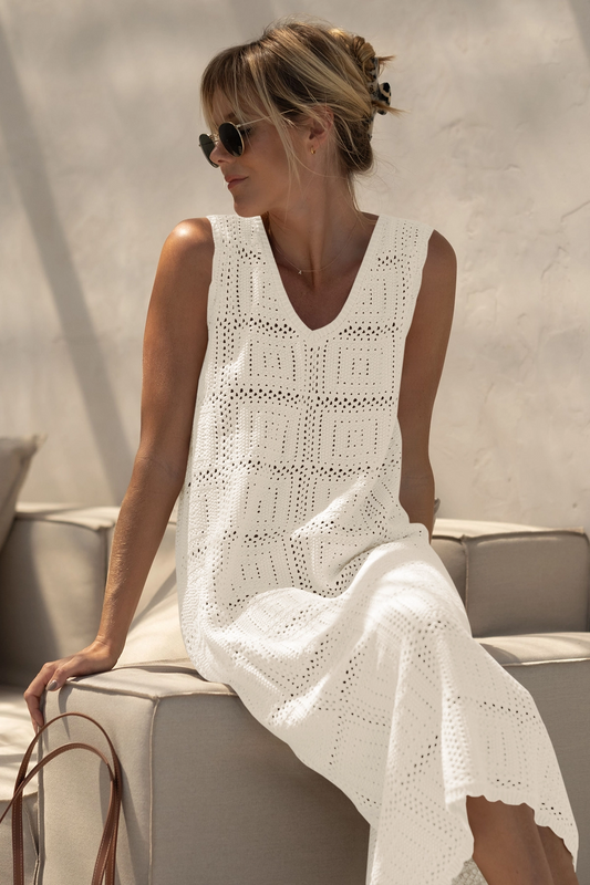 Fisoew Women's Beige Boho Knit Sleeveless Dress - Fisoew