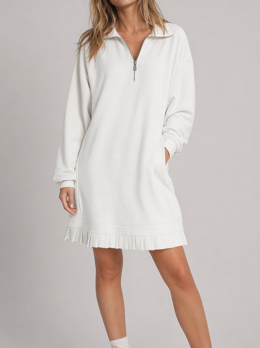Half Zip Pleated Collared Sweatshirt Dresses - Fisoew