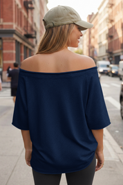 Fisoew Women's  Navy Off The Shoulder Tops Oversized  T-Shirts - Fisoew