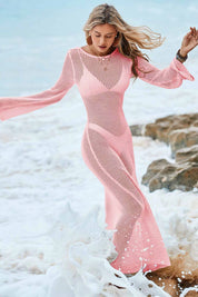 Fisoew Women's Pink Crochet  Long Sleeve Sexy Swimsuit Maxi Dress - Fisoew