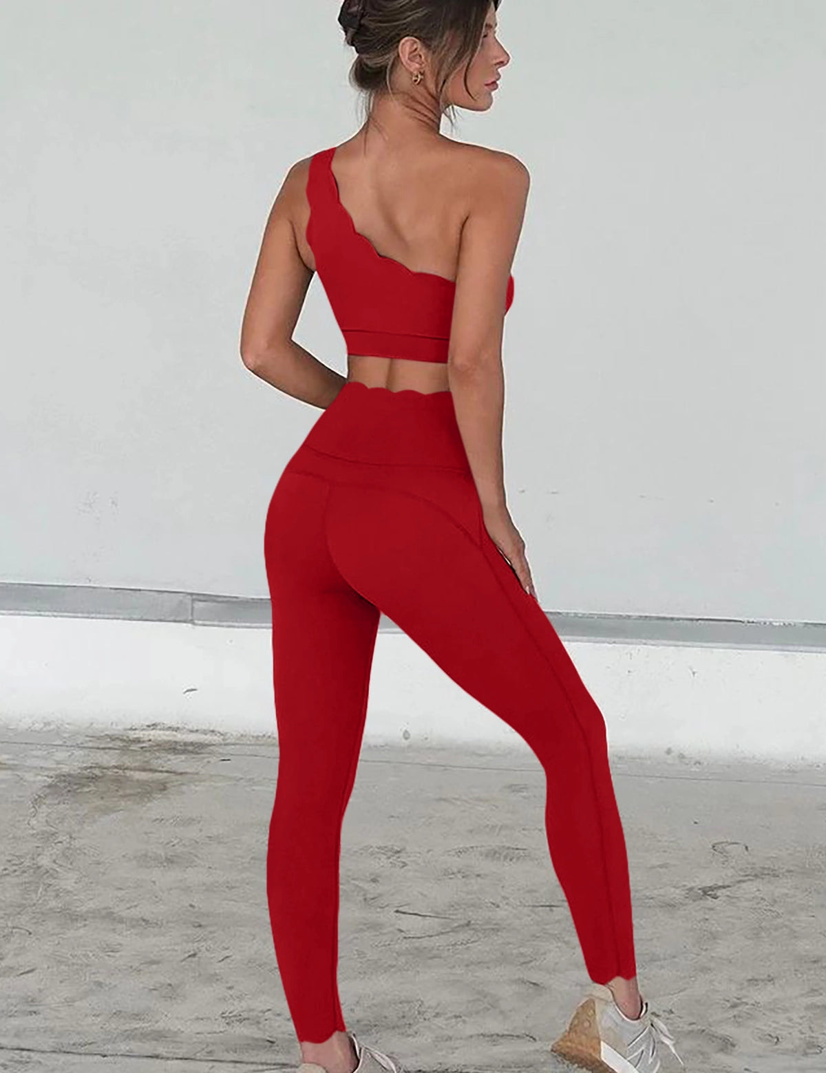 Fisoew Women's Red High Waisted Leggings Workout Sets - Fisoew