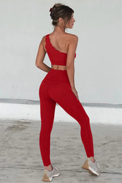 Fisoew Women's Red High Waisted Leggings Workout Sets - Fisoew