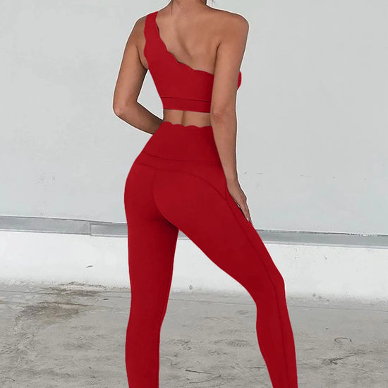 Fisoew Women's Red High Waisted Leggings Workout Sets - Fisoew