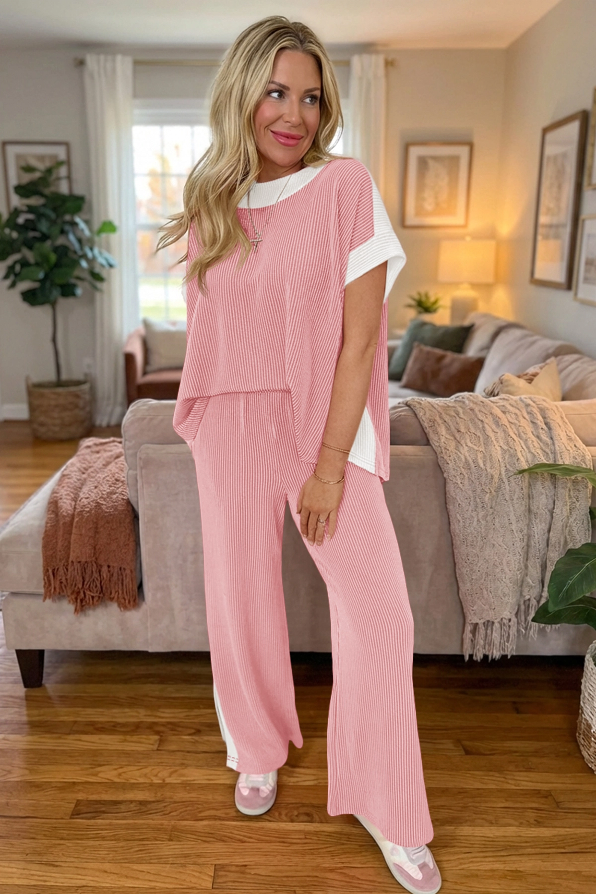Womens Pink Short Sleeve Top & Pants Cozy Set  Fisoew