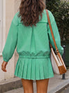 Stripe Zipper Jacket With Pleated Skirt Sets - Fisoew