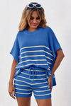 Fisoew Women's Blue Striped Oversized Lounge Short Sets - Fisoew