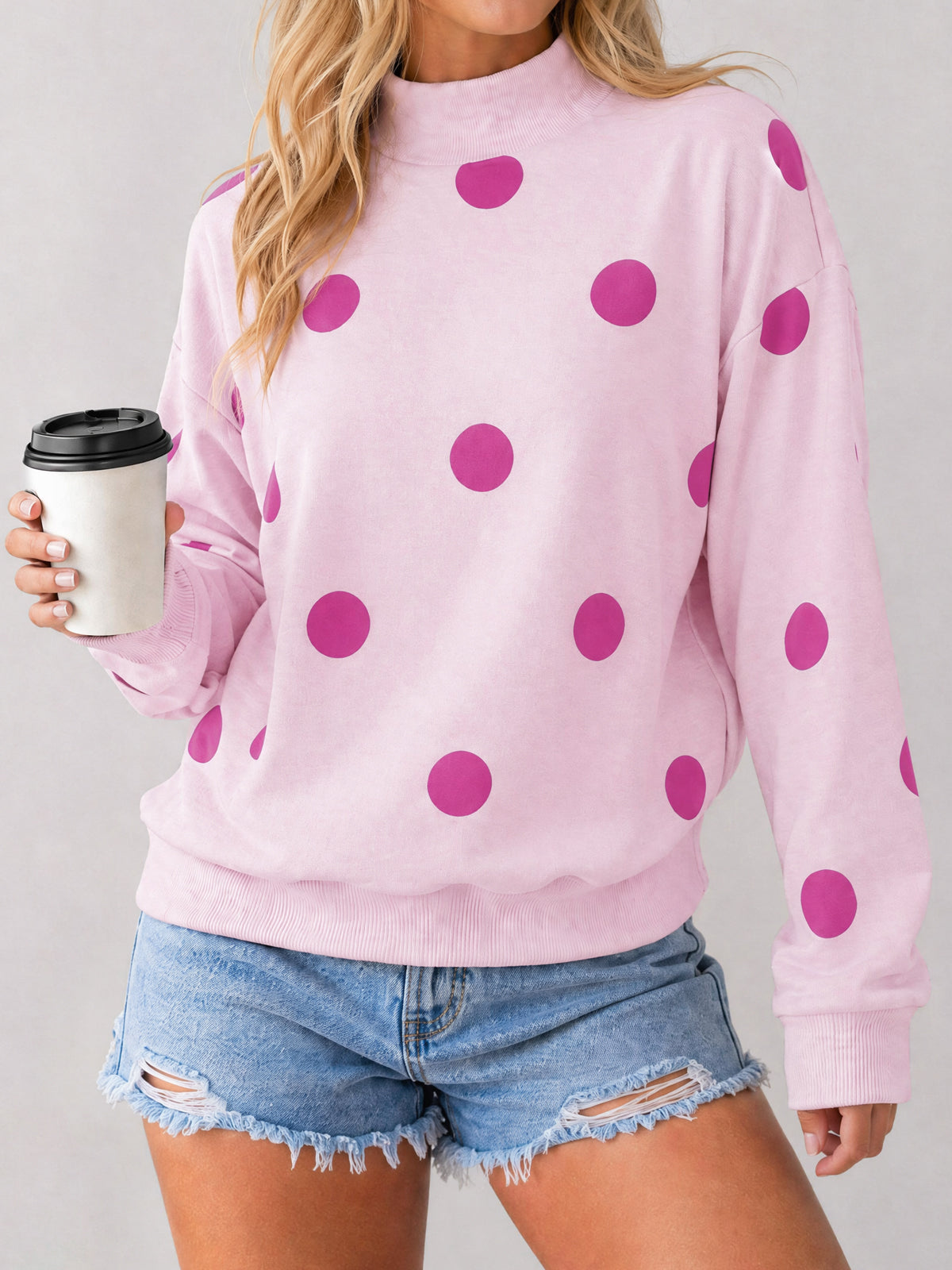 Mock Neck Long Sleeve Polka Dot Sweatshirts - Fisoew