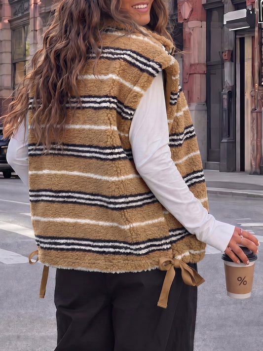 Fuzzy Fleece Striped Sleeveless Sherpa Vests