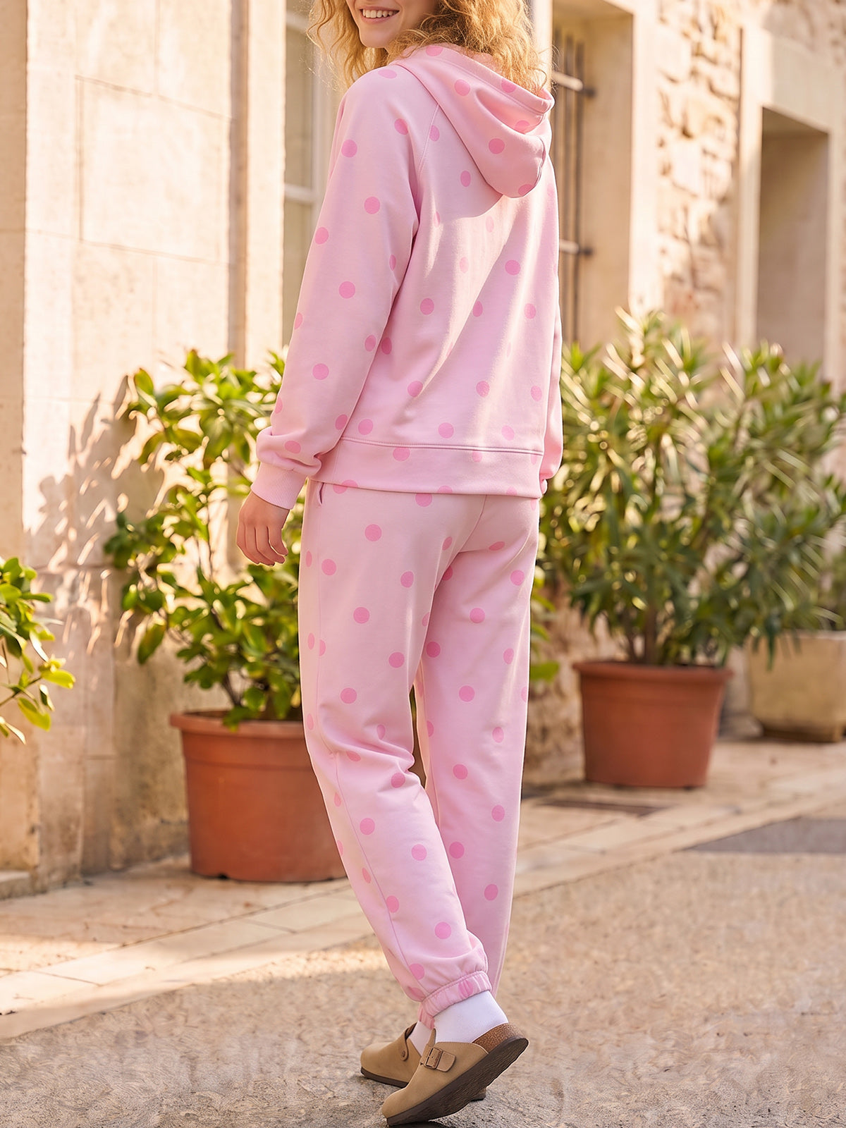 Polka Dot Long Sleeve Hooded With Jogger Pants Sets - Fisoew