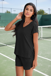 Fisoew Women's Black V Neck 2 Piece Casual Outfits - Fisoew