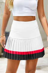 Fisoew Women's White High Waisted Athletic Color Block Pleated Skirts