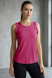 Fisoew Women's Rose Red Ruffle Sleeveless  Black Racerback Workout Tank Tops - Fisoew