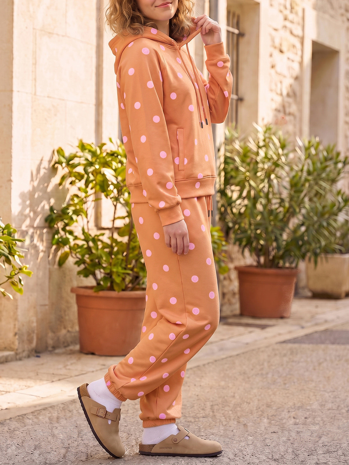 Polka Dot Long Sleeve Hooded With Jogger Pants Sets - Fisoew